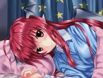  alternate_costume arudehido bad_id bat_wings bed blanket blush face head_wings koakuma long_hair looking_at_viewer lying lying_on_side on_side pajamas pillow pointy_ears red_eyes red_hair redhead smile solo the_embodiment_of_scarlet_devil touhou under_covers wings 