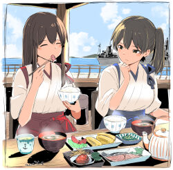  2girls akagi_(kancolle) blue_hakama bowl breasts brown_eyes brown_hair chopsticks commentary_request eating fish_(food) hakama hakama_skirt holding holding_bowl holding_chopsticks japanese_clothes kaga_(kancolle) kantai_collection large_breasts long_hair mochisaka_mitsuki multiple_girls red_hakama rice rice_bowl side_ponytail skirt smile tasuki 