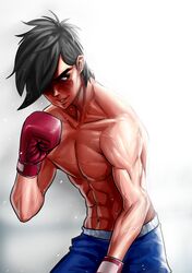  abs ashita_no_joe black_hair boxing boxing_gloves boxing_shorts collarbone delta_zone face male muscle short_hair shorts sweat yabuki_jo yabuki_jou 