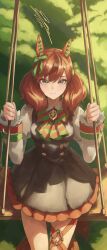  1girl absurdres animal_ears black_dress blush bow bowtie brown_eyes brown_hair closed_mouth commentary diagonal-striped_bow dress ear_bow ear_covers ear_ribbon green_bow green_bowtie highres horse_ears horse_girl horse_tail juliet_sleeves long_sleeves looking_at_viewer medium_hair multicolored_hair nice_nature_(poinsettia_ribbon)_(umamusume) nice_nature_(umamusume) on_swing pinafore_dress puffy_sleeves shirt sitting sleeveless sleeveless_dress smile solo starg_solun streaked_hair striped_bow striped_bowtie striped_clothes swing tail twintails umamusume 