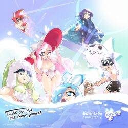 2026 3boys 4girls agni_(gwain_saga) ami_(gwain_saga) ball beach beachball blue_eyes blue_hair brown_eyes brown_hair copyright_name day deva_(gwain_saga) geo_(gwain_saga) geoexe glasses goggles green_eyes green_hair gwain_saga in_water lanney_(gwain_saga) lens_flare light_blue_eyes light_blue_hair logo marlow_(gwain_saga) motion_lines ocean pink_eyes pink_hair purple_hair red_hair savien_(gwain_saga) shiny shiny_hair shiny_skin spiky_hair summer sun sun_hat sunglasses sunlight swimming swimsuit tagme text towel towel_around_neck violet_eyes visor water water_gun wet wet_clothes wet_hair white_hair