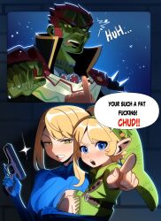  1girl absurdres blonde_hair blue_bodysuit blue_eyes bodysuit breasts commentary english_text ganondorf green_eyes gun handgun hat highres holding holding_gun holding_weapon large_breasts link long_hair looking_at_viewer luke_hanley metroid metroid_ravenous ponytail profanity samus_aran skin_tight speech_bubble the_legend_of_zelda the_legend_of_zelda:_ocarina_of_time weapon young_link zero_suit 