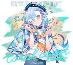  1boy ;) arknights beret black_collar blue_flower blue_hair blue_hat blush bracelet chinese_commentary closed_mouth collar commentary_request cowboy_shot earrings flower hair_between_eyes hair_flower hair_ornament hands_up hat head_tilt highres holding infection_monitor_(arknights) jacket jewelry long_hair looking_at_viewer male_focus mizuki_(arknights) nomi_tongxue one_eye_closed orange_flower pink_eyes pink_flower shirt short_hair_with_long_locks short_sleeves shorts sidelocks smile solo trap upper_body violet_eyes weibo_username white_shirt yellow_flower 