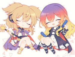  2girls black_boots black_dress blonde_hair boots cape chibi chibi_only commentary_request cross-laced_clothes cross-laced_dress crossed_legs dress earmuffs facing_viewer full_body gradient_hair hijiri_byakuren holding holding_sword holding_weapon knee_boots layered_dress long_hair long_sleeves multicolored_hair multiple_girls neck_ribbon open_mouth pointy_hair purple_cape purple_hair purple_ribbon purple_skirt red_cape ribbon sheath sheathed shirt skirt sleeveless sleeveless_shirt smile sorcerer's_sutra_scroll sword tama_(soon32281) touhou toyosatomimi_no_miko two-sided_cape two-sided_fabric weapon white_dress white_shirt 