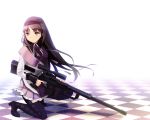  akemi_homura anti-materiel_rifle checkered gun hairband kneeling mahou_shoujo_madoka_magica pantyhose rifle sniper_rifle solo tsurusaki_yuu weapon 