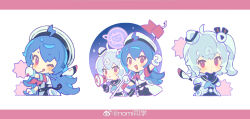  3girls ahoge bili_girl_22 bili_girl_33 bilibili blue_hair blush blush_stickers chibi chibi_only chinese_commentary closed_mouth commentary_request flag gloves hair_between_eyes hat highres holding holding_flag jacket long_hair long_sleeves looking_at_viewer multiple_girls nomi_tongxue one_eye_closed one_side_up open_mouth red_eyes side_ponytail skirt smile tongue tongue_out weibo_username white_gloves white_hat white_jacket 