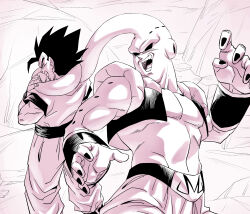  1boy amayuki318 arm_up armband armpits baggy_pants belt biceps black_armband black_belt black_hair black_nails black_sclera black_vest broad_shoulders clenched_teeth closed_eyes colored_sclera colored_skin commentary_request dougi dragon_ball dragon_ball_z evil_smile fighting fighting_stance from_behind from_below grabbing_another's_tail gradient_background groin_tendon hand_up head_tail highres hole_in_chest hole_in_head hole_on_body looking_at_another looking_back majin_buu majin_symbol martial_arts_belt metamoran_vest muscular muscular_male open_mouth pants partially_colored pectorals pink_background pink_skin rock short_sleeves simple_background sleeveless smile solo son_gohan spiky_hair struggling super_buu tail teeth undershirt vest white_background white_pants 