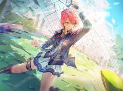  1girl ball bird blue_jacket blue_skirt blue_sky chain-link_fence clouds collared_jacket collared_shirt commentary_request commission day eiyuu_densetsu fence ffuald1013 green_eyes green_shirt hair_between_eyes highres holding holding_tennis_racket holster jacket juna_crawford long_sleeves miniskirt neck_ribbon outdoors parted_bangs parted_lips pink_hair pixiv_commission playing_sports racket red_ribbon ribbon school_uniform sen_no_kiseki_(series) sen_no_kiseki_iii shirt short_hair skirt sky smile solo tennis_ball tennis_court tennis_racket thigh_holster thors_military_academy_branch_campus_uniform upper_body 