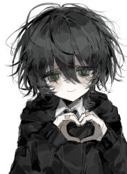  1boy bags_under_eyes bandaid bandaid_on_finger bandaid_on_hand blush chinese_commentary collared_shirt commentary_request degrees_of_lewdity dot_nose double-parted_bangs green_eyes hair_between_eyes hands_up heart heart_hands hei_mao_lv_yan_chu highres hood hood_down kylar_(degrees_of_lewdity) kylar_(male)_(degrees_of_lewdity) long_sleeves looking_at_viewer male_focus messy_hair shirt short_hair simple_background sketch smile solo upper_body white_background white_shirt 