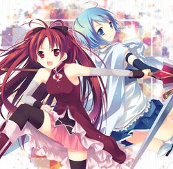  back-to-back blue_eyes blue_hair bow cape hair_bow magical_girl mahou_shoujo_madoka_magica miki_sayaka mitchie mitsu_king multiple_girls polearm ponytail red_eyes red_hair sakura_kyouko spear sword thighhighs upskirt weapon 