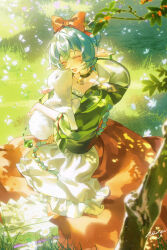  1girl absurdres animal apron bell black_horns blue_hair blush book bow braid braided_twintails collarbone commentary_request day dress ethereal_(zenless_zone_zero) forest gangsi_qiu_nianyu_jing goat goat_girl goat_horns hair_between_eyes hair_bow happy highres horns long_dress long_hair lucia_elowen nature neck_bell open_mouth orange_dress outdoors plant puffy_sleeves red_bow sitting smile snow_white_(fairy_tale) tree twintails white_apron zenless_zone_zero 