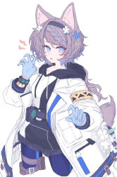  1girl animal_ears arknights armband aroma_(arknights) black_armband black_hairband black_hoodie blue_eyes blue_flower blue_gloves blue_hair blush brown_hair brown_tail claw_pose coat commentary cropped_legs drawstring flower gloves hairband hood hood_down hoodie hosakana infection_monitor_(arknights) looking_at_viewer material_growth open_clothes open_coat open_mouth oripathy_lesion_(arknights) simple_background solo standing tail white_background white_coat white_flower white_hoodie yellow_armband 