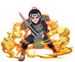  1boy aged_down armor black_pants black_shirt brown_hair clenched_teeth dou green_armor headband holding holding_sword holding_weapon japanese_armor katana looking_at_viewer naruto_(series) naruto_shippuuden:_ultimate_ninja_blazing official_art pants senju_hashirama senju_symbol shirt shoulder_armor sode solo sword teeth weapon white_headband 