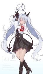  1girl absurdres adjusting_hair armband arms_up black_boots black_gloves black_necktie black_socks black_tail blue_archive blush boots breasts buttons commentary dark-skinned_female dark_skin demon_girl demon_tail double-breasted foot_out_of_frame gloves grey_hair grey_halo hair_over_one_eye halo hand_in_own_hair hands_in_own_hair high-waist_skirt highres holding_own_hair iori_(blue_archive) kneehighs lace-up_boots long_hair looking_to_the_side necktie one_eye_covered parted_lips pleated_skirt pointy_ears red_armband red_eyes school_uniform sharp_tail shirt simple_background skirt socks standing tail tail_raised twig_imokenpi twintails tying_hair very_long_hair white_background white_shirt 