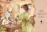  2girls apron bird birdcage blonde_hair brown_hair cage closed_eyes dress earrings english european_clothes hair_up hat ichiko indoors jewelry leaf long_sleeves monocle multiple_girls original pipe plant poster_(object) shelf smile spoon tobacco top_hat umbrella weighing_scale 