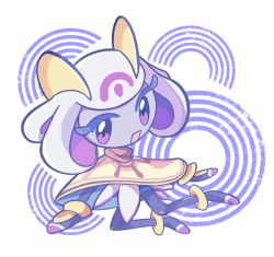 1girl bt_lemonsoda colored_skin full_body fusion kirby_(series) kirby_and_the_world_beyond kirlia looking_at_viewer multicolored_hair mysterious_girl_(kirby_and_the_world_beyond) open_mouth pokemon purple_hair purple_skin solo two-tone_hair white_hair 