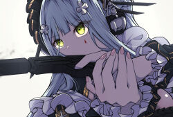  1girl absurdres blue_hair close-up commentary_request frills girls'_frontline_2:_exilium girls_frontline green_eyes gun h&amp;k_usp hair_ornament handgun head_ornament highres hk416_(girls'_frontline) holding holding_gun holding_weapon kakuzatou_(cubesugar03196) klukai_(girls'_frontline_2) klukai_(immaculate_service)_(girls'_frontline_2) long_hair long_sleeves maid maid_headdress official_alternate_costume pink_nails portrait solo suppressor tattoo teardrop teardrop_tattoo weapon white_background 