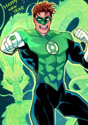  1boy abs black_bodysuit bodysuit brown_hair commentary covered_abs dc_comics domino_mask dragon eastern_dragon eye_mask gloves green_bodysuit green_lantern green_lantern_(series) hal_jordan happy_new_year mag6_osashi3 mask multicolored_bodysuit muscular muscular_male power_ring_(green_lantern) short_hair smile superhero_costume two-tone_bodysuit white_gloves 