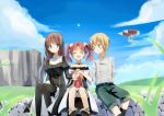  aircraft blonde_hair blue_eyes blush clain cloud clouds dirigible fractale gochou_(comedia80) green_eyes hands_together long_hair nessa open_mouth pantyhose phryne red_hair redhead short_hair sitting sky smile 