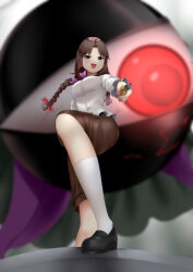  1girl 1other black_shoes bloodshot_eyes blurry blurry_background bow braid breasts brown_eyes brown_hair brown_shorts commentary depth_of_field doge_(jkdoge) evil_eye_sigma eyeball fang from_below furrowed_brow hair_bow highres holding holding_wrench kneehighs leg_up long_hair looking_at_viewer looking_down medium_breasts open_mouth outstretched_arm parted_bangs red_eyes ribbon rika_(touhou) shirt shoes shorts sigma_symbol skin_fang smile socks standing story_of_eastern_wonderland touhou touhou_(pc-98) twin_braids widow's_peak wrench 