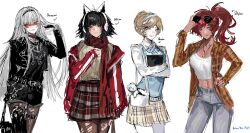  4girls akita_(ninjago) alternate_costume animal_ear_headphones animal_ears animification arm_at_side arrow_(symbol) bag belt belt_buckle black_bag black_belt black_choker black_eyes black_gloves black_hair black_hairband black_jacket black_shirt black_shorts blonde_hair blue_bow blue_eyes blue_hairband blue_sweater_vest book bow bowtie brown_jacket brown_pantyhose brown_skirt buckle character_name choker closed_mouth collared_shirt commentary cowboy_shot cropped_jacket dark-skinned_female dark_skin denim english_commentary eyewear_on_head facepaint fake_animal_ears fang fang_out fashion fingerless_gloves fox_ear_headphones fox_ears frown gloves goth_fashion grey_pants grin hair_bun hairband hand_on_own_hip hand_up harumi_(ninjago) headphones highres holding holding_bag holding_book jacket jeans jewelry long_hair long_sleeves looking_at_viewer midriff multiple_girls navel necklace ninjago normalblueapple open_clothes open_jacket pants pantyhose plaid_clothes plaid_jacket plaid_skirt ponytail red_facepaint red_hair red_jacket red_scarf scarf shirt short_hair shorts shoulder_bag sidelocks simple_background single_hair_bun skirt skylor_(ninjago) smile spiked_choker spiked_hairband spikes standing sunglasses sweater sweater_vest tank_top torn_clothes torn_pantyhose vania_(ninjago) very_long_hair violet_eyes white_background white_bag white_hair white_shirt white_tank_top wing_collar yellow_eyes yellow_skirt 