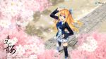  blonde_hair blue_eyes cherry_blossoms from_above hair_ribbon hand_on_head highres microsoft official_art open_mouth petals ribbon shinia silverlight solo thigh-highs thighhighs 