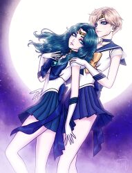  2girls absurdres back_bow bishoujo_senshi_sailor_moon blonde_hair blue_bow blue_bowtie blue_choker blue_eyes blue_sailor_collar blue_skirt bow bowtie choker closed_mouth collarbone commentary english_commentary full_moon gloves hand_on_another's_shoulder hand_up highres long_hair magical_girl moon multiple_girls night outdoors parted_lips pelvic_curtain pleated_skirt sailor_collar sailor_neptune sailor_senshi_uniform sailor_uranus shirt short_hair short_sleeves signature sketchmenot skirt star_(symbol) star_choker white_gloves white_shirt 