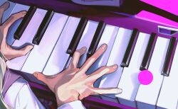  1girl akamatsu_kaede ball blonde_hair book danganronpa_(series) danganronpa_v3:_killing_harmony fingernails from_behind hand_focus highres instrument keyboard_(instrument) long_hair long_sleeves pink_background playing_instrument playing_piano purple_vest saman_zero7 shadow shirt solo spoilers upper_body vest wavy_hair white_shirt 