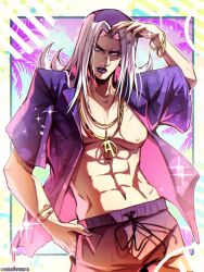  1boy abs bracelet cappuris gold_bracelet gold_necklace hand_in_pocket hand_on_own_head highres jewelry jojo_no_kimyou_na_bouken leone_abbacchio letter_pendant long_hair looking_to_the_side makeup male_focus male_swimwear nail_polish necklace nipples open_clothes open_shirt purple_lips purple_nails purple_shirt purple_swim_trunks shirt solo swim_trunks vento_aureo white_hair 