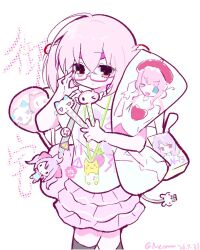 1girl 2000s_(style) adorable aqua_eyes artist_name bag black_thighhighs charm_(object) cute cutecore faux_retro_artstyle female female_only girl glasses heisei heisei_retro kawaii kawaiicore keychain medium_hair moe object_request omunako13 original pale_skin pastel_colors pink-framed_eyewear pink_hair pink_skirt red_eyes shirt shoulder_bag skirt solo tagme thigh-highs touching_glasses twintails white_background white_shirt wholesome 