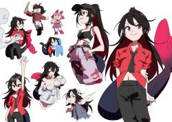  2girls akami_chiyo arms_behind_back bite_mark bite_mark_on_arm black_hair black_necktie blood cosplay denim fish_girl hand_on_own_arm hand_up hands_on_own_hips highres hip_tattoo hug indie_virtual_youtuber jeans knight_(hollow_knight) knight_(hollow_knight)_(cosplay) light_smile multicolored_hair multiple_expressions multiple_girls multiple_views navel necktie pants pfacto red_eyes red_hair red_shirt shirt smile sweatdrop tattoo two-tone_hair virtual_youtuber white_background 