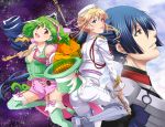  alien blonde_hair blue_eyes blue_hair brown_eyes flag gloves green_hair hat jewelry long_hair macross macross_frontier macross_frontier:_sayonara_no_tsubasa microphone military military_uniform necktie open_mouth pet pilot_suit ponytail ranka_lee s.m.s. saotome_alto seven_(11) sheryl_nome short_hair single_earring thigh-highs thighhighs top_hat uniform vajra 