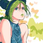  bare_shoulders blue_eyes double_bun green_hair green_lipstick highres jojo_no_kimyou_na_bouken kuujou_jolyne lips lipstick makeup multicolored_hair sketch solo tuuuh 