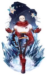  1boy 2022 2d armor blue_shorts bone boots cape commentary digital_media english_commentary full_body gloves highres hip_bones humanoid ice image_sample kophnar352_(discoice) looking_at_viewer male male_focus male_only monster monster_boy outstretched_arms papyrus_(undertale) pine_tree print_armor red_boots red_cape red_gloves sample_watermark shorts simple_background skeleton sky snow snowflakes solo spine star_(symbol) teeth tree undead undertale utdr_(toby_fox) walking watermark white_armor white_background yellow_trim 