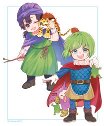  2boys aged_down belt belt_buckle black_hair blue_eyes boots borongo bracelet brown_boots brown_eyes buckle cape cloak commentary_request dragon_quest dragon_quest_v frog full_body great_sabrecub green_hair green_tunic henry_(dq5) hero_(dq5) highres holding holding_stick jewelry long_hair low_ponytail minidemon multiple_boys on_shoulder open_mouth ponytail purple_cape purple_cloak purple_turban red_cape rope_belt short_hair smile standing stick tsunao527 tunic turban 