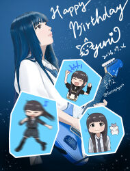  1girl ahoge arm_warmers black_eyes black_hair black_jacket black_shorts blush chibi chibi_inset closed_mouth commentary electric_guitar fantasy6gp677 fender_jazzmaster girls_band_cry guitar hamster happy_birthday highres instrument jacket kawaragi_momoka light_particles logo necktie playing_guitar playing_instrument real_life shirt shorts single_arm_warmer striped_clothes striped_necktie voice_actor voice_actor_connection white_shirt yuri_(voice_actor) 