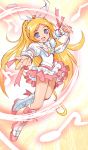  :d blonde_hair blue_eyes boots bow brooch cure_rhythm droid360 frills hair_ribbon hairband happy heart highres jewelry long_hair magical_girl minamino_kanade musical_note open_mouth pointing precure ribbon sketch skirt smile solo suite_precure wrist_cuffs 