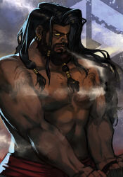  1boy arjun_(street_fighter) beard black_hair earrings facial_hair full_beard hankuri heavy_breathing jewelry long_beard long_hair looking_ahead male_focus muscular muscular_male solo street_fighter street_fighter_6 topless_male upper_body yellow_eyes 