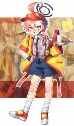  1girl absurdres ahoge alternate_costume black_halo blue_archive blush braid brand_name_imitation commentary_request cosplay full_body halo highres huge_ahoge imadake_dabuchi_tabemi imadake_dabuchi_tabemi_(cosplay) jacket jacket_partially_removed korean_commentary looking_at_viewer loose_necktie mcdonald's mole mole_under_each_eye mole_under_eye multiple_moles necktie neru_(blue_archive) open_clothes open_jacket open_mouth orange_hair red_eyes shirt short_hair shorts single_braid solo standing striped_clothes striped_shirt tag walking_nakta 