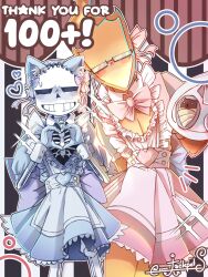  2026 2boys 2d alternate_costume animal_ears apron bell bell_collar black_background blue_collar blue_dress blue_gloves bow cat_ears cleavage_cutout clothing_cutout collar commentary cowboy_shot crossdressing crossdressing_(mtf) digital_media dress duo elemental_(creature) english_commentary english_text enmaided fake_animal_ears fire_elemental flaming_head food frilled_dress frills glasses gloves grillby headdress heart_cutout heart_hands highres holding holding_tray hollow_eyes humanoid ibispaint_(medium) long_sleeves maid maid_apron maid_headdress male male_focus male_only milestone_celebration monster monster_boy multiple_boys no_mouth orange_dress orange_skin rectangular_eyewear ribs sans_(undertale) signature skeleton sonojackpot sparkle teeth text thank_you tray undead undertale utdr_(toby_fox) white_apron white_background wrist_cuffs 