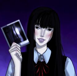  1girl black_eyes black_hair collared_shirt gwuenfalling highres holding holding_photo looking_at_viewer mari_(faraway)_(omori) mari_(omori) mole mole_under_eye omori photo_(object) shirt smile 