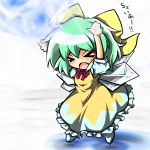  &gt;_&lt; alternate_color alternate_costume arms_up blush bow chibi cirno closed_eyes dress eyes_closed green_hair hair_bow open_mouth pr0vidence red_star_(toranecomet) solo touhou wings yellow_dress 