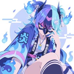  1girl achichi_mela aqua_hair bird_mask black_horns blue_camisole blue_eyes blue_fire blue_hair blue_happi blue_horns blue_nails blue_socks braid camisole closed_mouth colored_sclera commentary_request egasumi eye_mask fingernails fire flame_print gradient_horns hair_ornament hairclip hand_up happi highres hitodama hololive horns japanese_clothes kneehighs long_fingernails long_sleeves looking_at_viewer low_twin_braids mask matoi mk8sb multicolored_hair multicolored_horns multicolored_nails omamori outstretched_arm pink_sash purple_hair purple_nails sash smile socks solo twin_braids two_side_up virtual_youtuber white_background yellow_sclera 