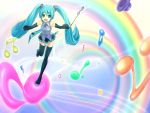  :d aqua_eyes aqua_hair boots detached_sleeves hatsune_miku headset long_hair musical_note necktie open_mouth rainbow skirt smile solo thigh-highs thigh_boots thighhighs touji twintails very_long_hair vocaloid 