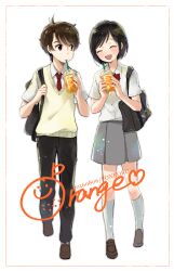  1boy 1girl aldnoah.zero amifumi_inko bag black_hair black_pants blush brown_eyes brown_hair brown_shoes closed_eyes commentary_request cup drinking drinking_straw drinking_straw_in_mouth full_body grey_skirt happy hetero highres holding holding_cup holding_strap kaizuka_inaho kinohe kneehighs looking_at_another necktie open_mouth pants parted_bangs pleated_skirt school_bag school_uniform shirt shoes short_hair shoulder_bag skirt smile socks sweater_vest teeth upper_teeth_only walking white_shirt white_socks yellow_sweater_vest 