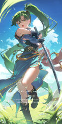  1girl absurdres black_boots blue_dress blue_sky boots breasts clouds commentary dress earrings enoharatoki field fingerless_gloves fire_emblem fire_emblem:_the_blazing_blade gloves grass green_eyes green_hair high_ponytail highres holding holding_sword holding_weapon jewelry long_hair looking_at_viewer lyn_(fire_emblem) medium_breasts outdoors pelvic_curtain ponytail rope_belt side_slit sky solo sword tent very_long_hair weapon 