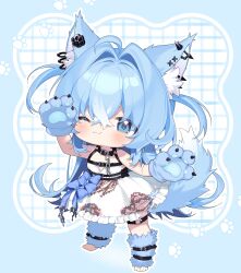  1girl :3 ;3 absurdres ahoge animal_ear_fluff animal_ear_piercing animal_ears animal_hands ankle_strap arm_up bare_arms barefoot belt black_belt black_claws blue_background blue_border blue_bow blue_eyes blue_hair blue_leg_warmers blue_tail blue_theme border borrowed_character bow breasts broken broken_chain buckle chain chain_leash chest_harness chibi chibi_only claws closed_mouth collar commentary_request commission crossed_bangs dress dress_bow ear_tufts earrings fewer_digits flat_chest flipped_hair fluffy_legwear frilled_dress frills full_body furrowed_brow gloves hair_between_eyes hair_intakes hanata hand_up happy harness highres indie_virtual_youtuber jewelry layered_hair leash leg_warmers legs_apart light_blush long_hair looking_ahead mismatched_earrings multiple_belts navel o-ring o-ring_thigh_strap official_art one_eye_closed outline outside_border paw_earrings paw_gloves paw_pose paw_print pawpads plaid_background second-party_source short_dress short_eyebrows simple_background small_breasts soles solo spiked_collar spikes square_o-ring standing strapless strapless_dress tail thigh_strap torn_bow torn_clothes torn_dress two-tone_background two_side_up white_background white_dress white_outline wolf_ears wolf_girl wolf_tail x-shaped_earrings yoicho_pre 