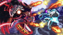  1boy 1other aerial_battle animal_ears animal_nose anklet battle black_fur body_fur bracelet chest_fur closed_mouth colored_skin danmanx death_battle doom_wings duel energy_ball furry furry_male gloves gold_anklet gold_bracelet grey_skin head_tail hedgehog_boy highres jewelry mega_mewtwo_y mega_pokemon mewtwo multicolored_fur multicolored_skin pokemon pokemon_(creature) purple_skin red_aura red_eyes red_fur shadow_the_hedgehog shoes short_tail sonic_(series) sonic_generations sonic_x_shadow_generations spiked_wings tail two-tone_fur two-tone_skin white_gloves 