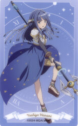  1girl absurdres analog_clock armor beaded_hair_ornament black_shirt blue_background blue_dress blue_eyes blue_hair blue_ribbon blunt_bangs bridal_gauntlets brown_bridal_gauntlets brown_sandals card clock crescent crescent_necklace dress full_body gem glaive_(polearm) gold_thighlet hair_ornament highres holding holding_polearm holding_weapon jewelry long_hair looking_at_viewer magia_record:_mahou_shoujo_madoka_magica_gaiden magical_girl mahou_shoujo_madoka_magica mahou_shoujo_madoka_magica_magia_exedra nanami_yachiyo necklace non-web_source official_art open_mouth pauldrons platform_sandals polearm ribbon roman_numeral sandals scan self-scan shirt shoulder_armor solo star_(symbol) star_print thighlet weapon 