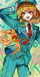  0916psy 1girl absurdres alternate_costume aqua_suit blonde_hair blue_hat blue_jacket blush collared_shirt commentary cowboy_shot english_commentary flower gloves greatest_(otonose_kanade) hair_ornament hair_ribbon hat highres hololive hololive_dev_is jacket long_hair looking_at_viewer multicolored_hair musical_note musical_note_hair_ornament necktie open_mouth otonose_kanade red_eyes red_necktie red_ribbon ribbon shirt smile solo suit train_conductor virtual_youtuber white_shirt 